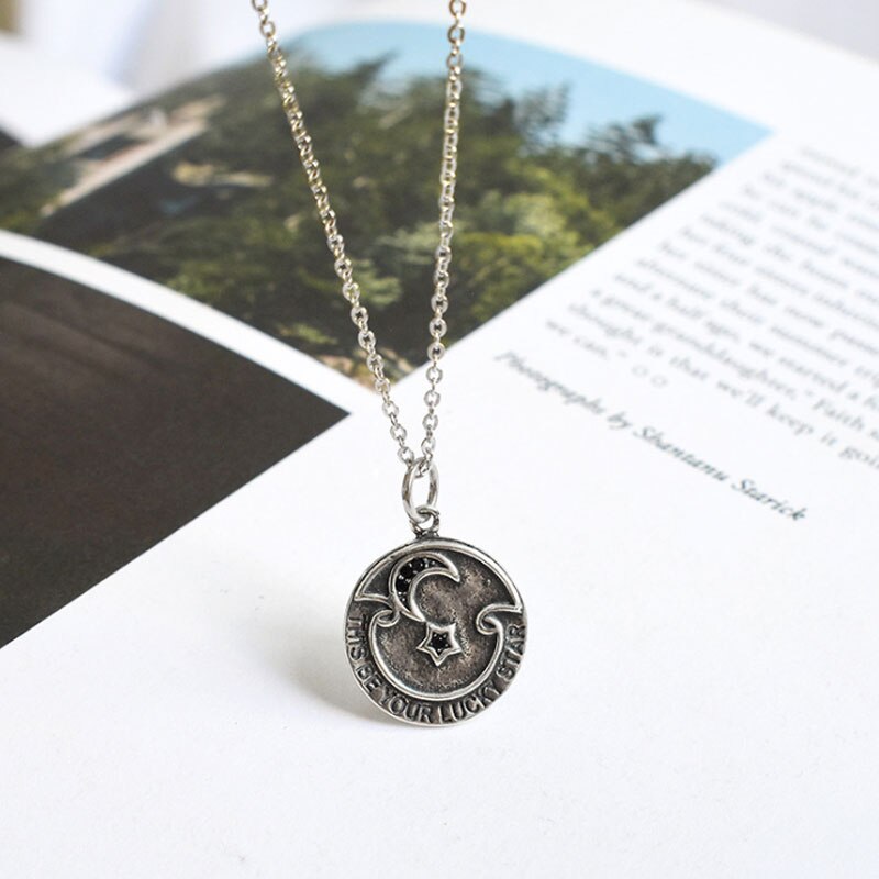 Retro design star and moon round coin necklace 925 sterling silver personality female clavicle sweater chain ins Korean jewelry