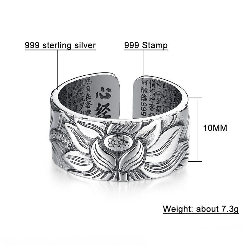 S999Lotus Heart Sutra Thai Silver Ring Retro Men's Trendy Lotus Jewelry Wide Ring