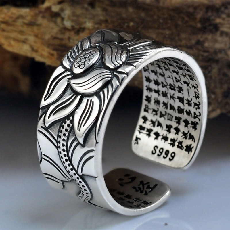 S999Lotus Heart Sutra Thai Silver Ring Retro Men's Trendy Lotus Jewelry Wide Ring