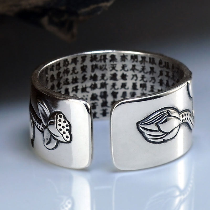 S999Lotus Heart Sutra Thai Silver Ring Retro Men's Trendy Lotus Jewelry Wide Ring