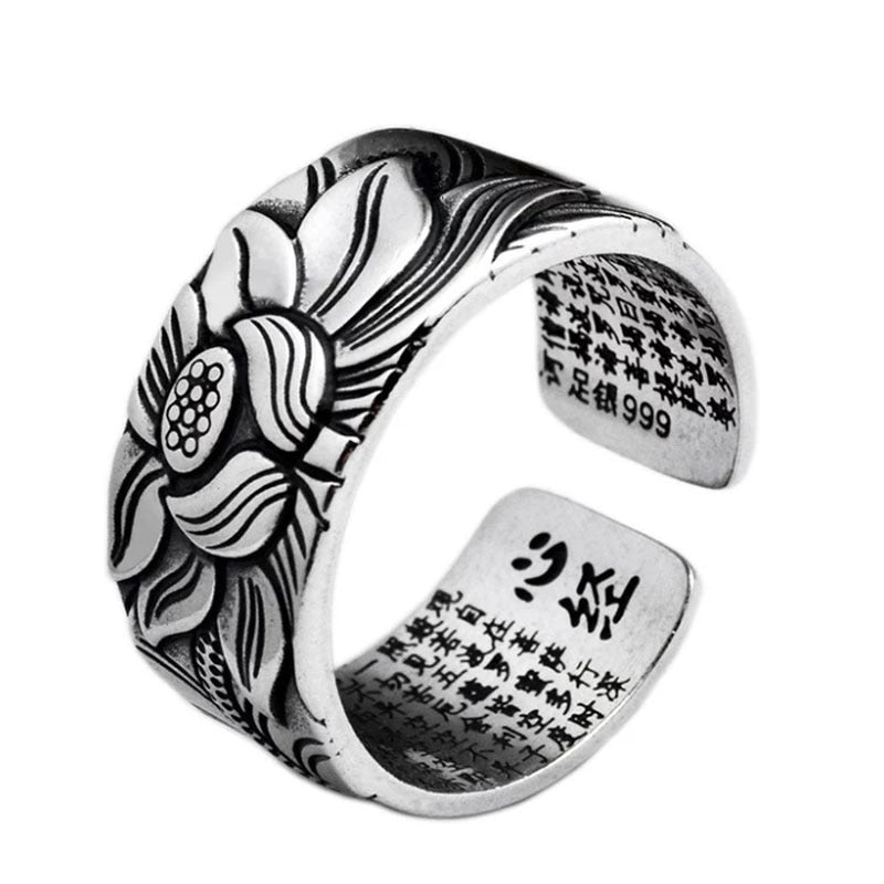 S999Lotus Heart Sutra Thai Silver Ring Retro Men's Trendy Lotus Jewelry Wide Ring