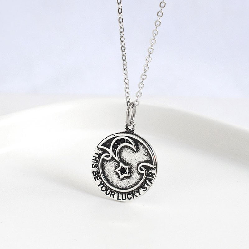 Retro design star and moon round coin necklace 925 sterling silver personality female clavicle sweater chain ins Korean jewelry